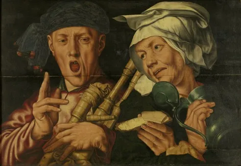 The bagpipe player and the merry woman, by Jan Sanders van Hemessen, oil, 1550