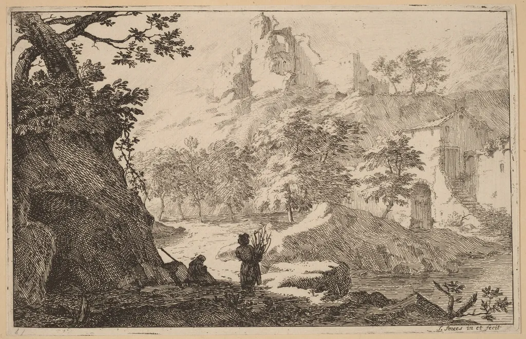 Ruins on a Hilltop, by Jan Smees, ink, 1707