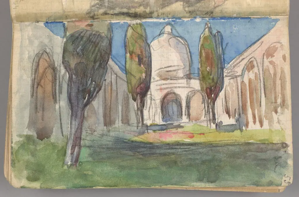 Sketchbook No. 2 - Landscape study - Moorish arcaded courtyard with cypresses; study of a woman with fan - two-page drawing, by Jan Stanisławski