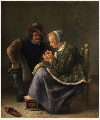 A Woman Mending a Stocking, by Jan Steen, unspecified, 1662