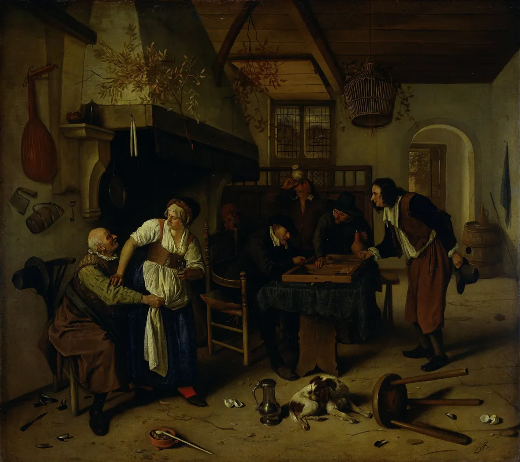 Interior of an inn with an old man amusing himself with the landlady and two men playing backgammon, known as 'Two kinds of games', by Jan Steen, oil, 1669