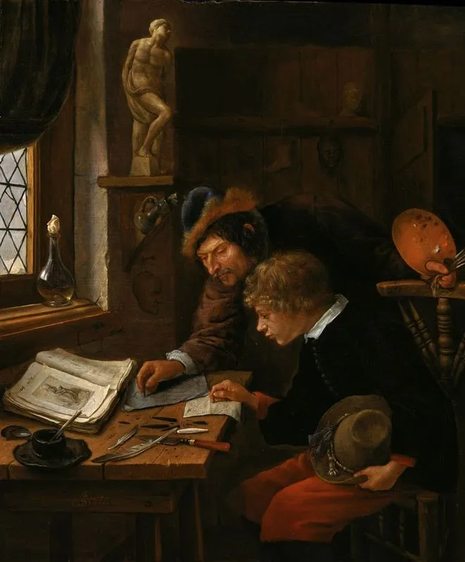 The drawing lesson for a boy holding a hat, by Jan Steen, oil, 1663