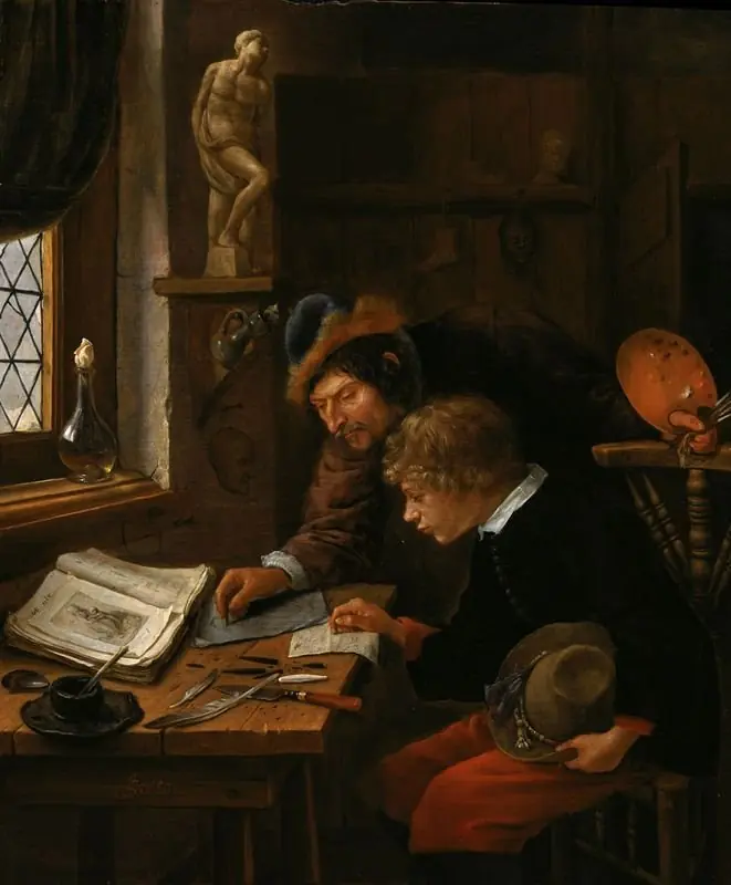 The drawing lesson for a boy holding a hat, by Jan Steen, 1663