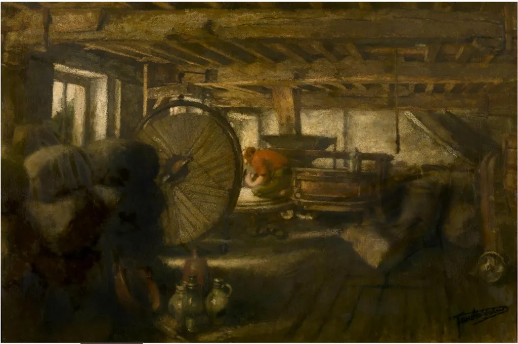 The interior of a windmill, by Jan Stobbaerts, oil, 1893