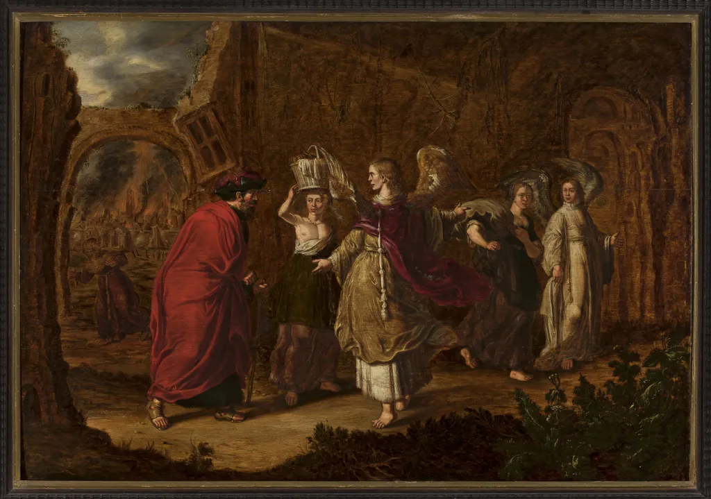 Lot Fleeing from Sodom, by Jan Tengnagel, oil, 1620