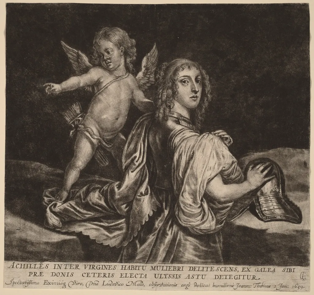 Achilles as Pyrrha with Cupid, by Jan Thomas, ink, 1659