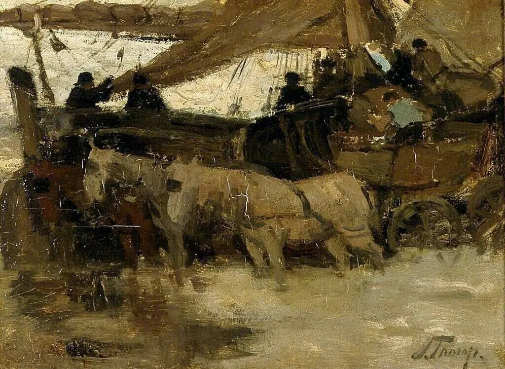 Het afladen van een bomschuit, by Jan Toorop