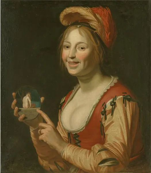 Laughing Girl Showing a Small Picture of a Nude Woman Seen from Behind, by Jan van Bijlert