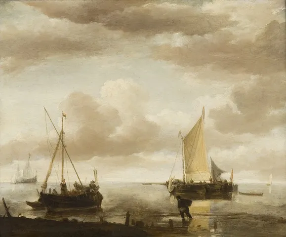 Calm sea with fishing boats, by Jan van de Cappelle, oil, 1659