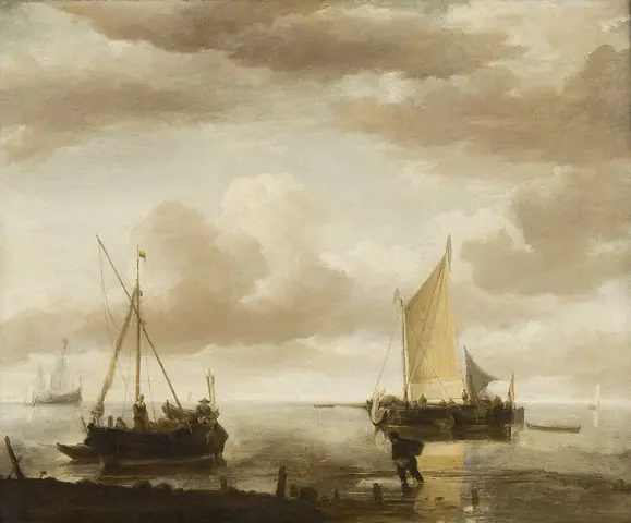 Calm sea with fishing boats, by Jan van de Cappelle