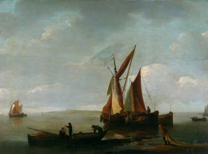 Sea Piece with Fishing Boats, by Jan van de Cappelle, oil, 1661