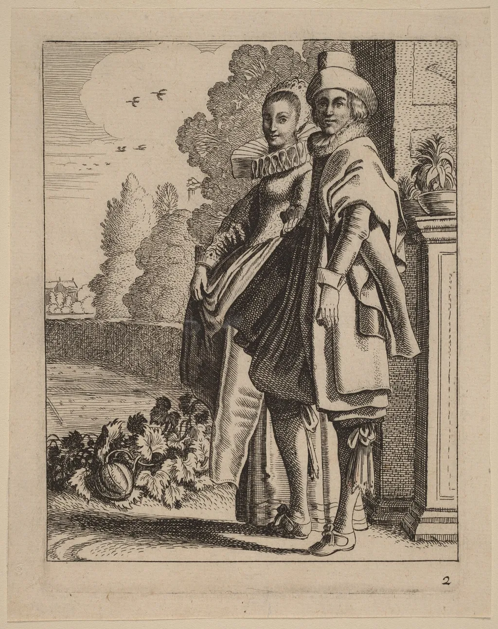 Two Figures in Costume, by Jan van de Velde, ink, 1617