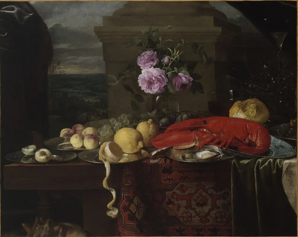 Still Life with Lobster, Fruit, and Roses, by Jan van den Hecke