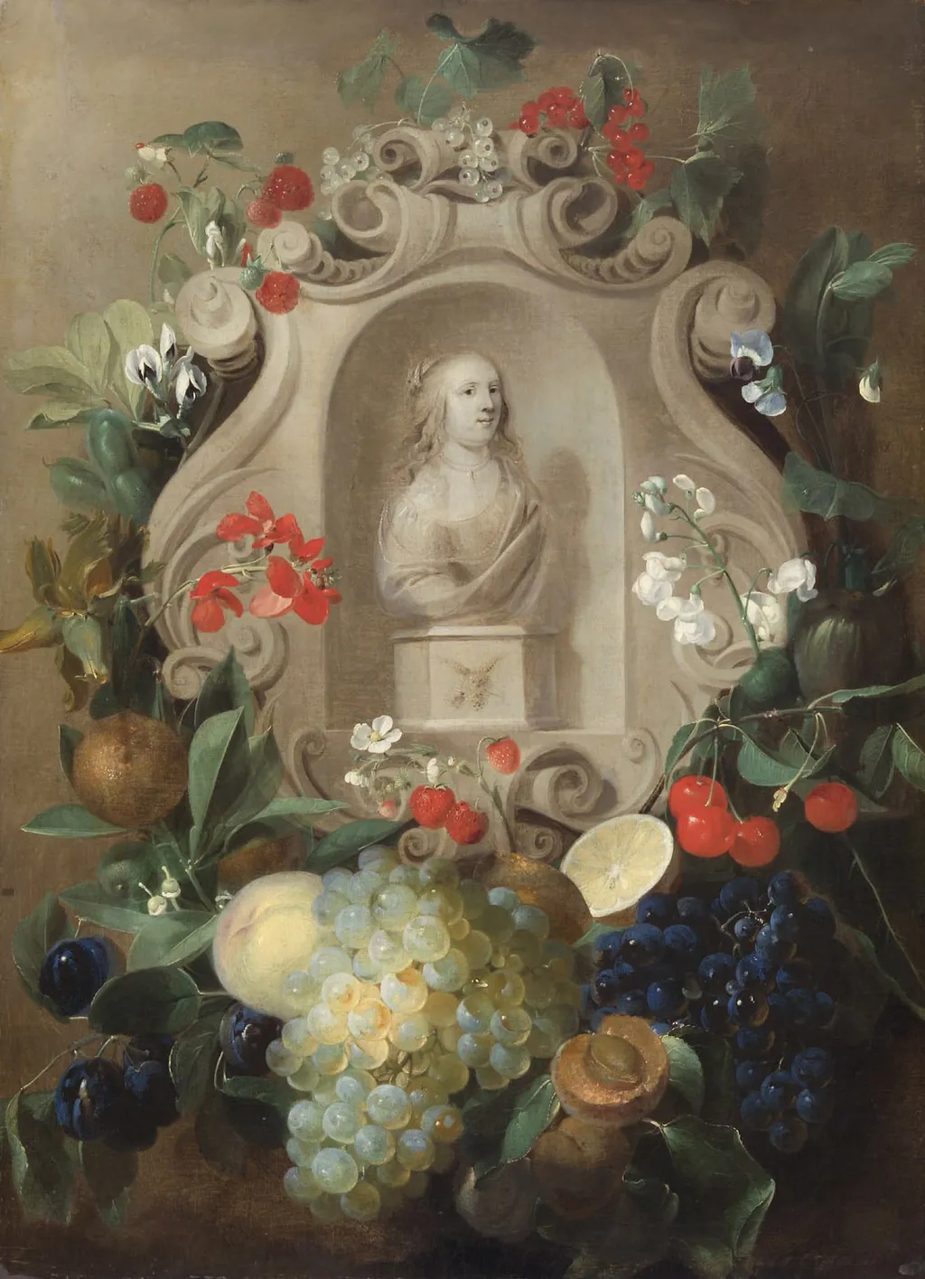 White Bust in a Flower and Fruit Garland, by Jan van den Hecke, oil, 1647