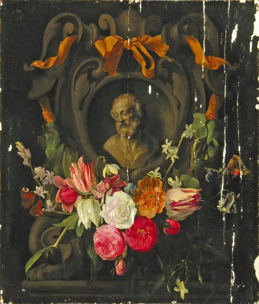 Garland of Flowers around the the Bust an Old Man in a Cartouche, by Jan van den Hoecke