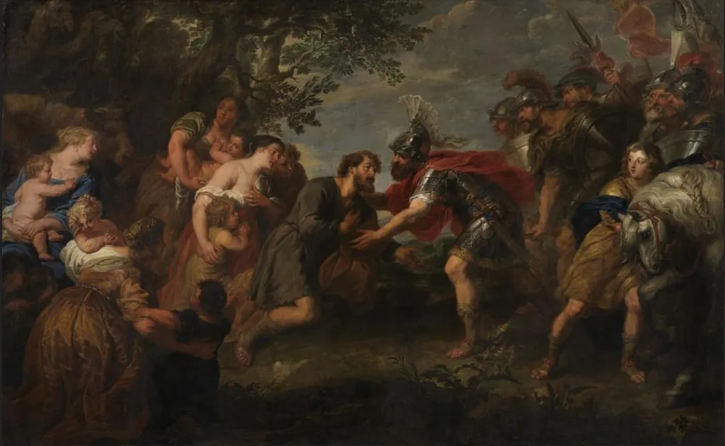 Jacob and Esau are reconciled, by Jan van den Hoecke, oil, 1635