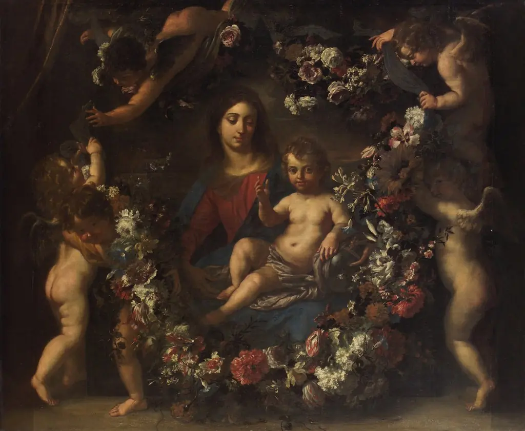 Virgin with child in a wreath of flowers, by Jan van den Hoecke