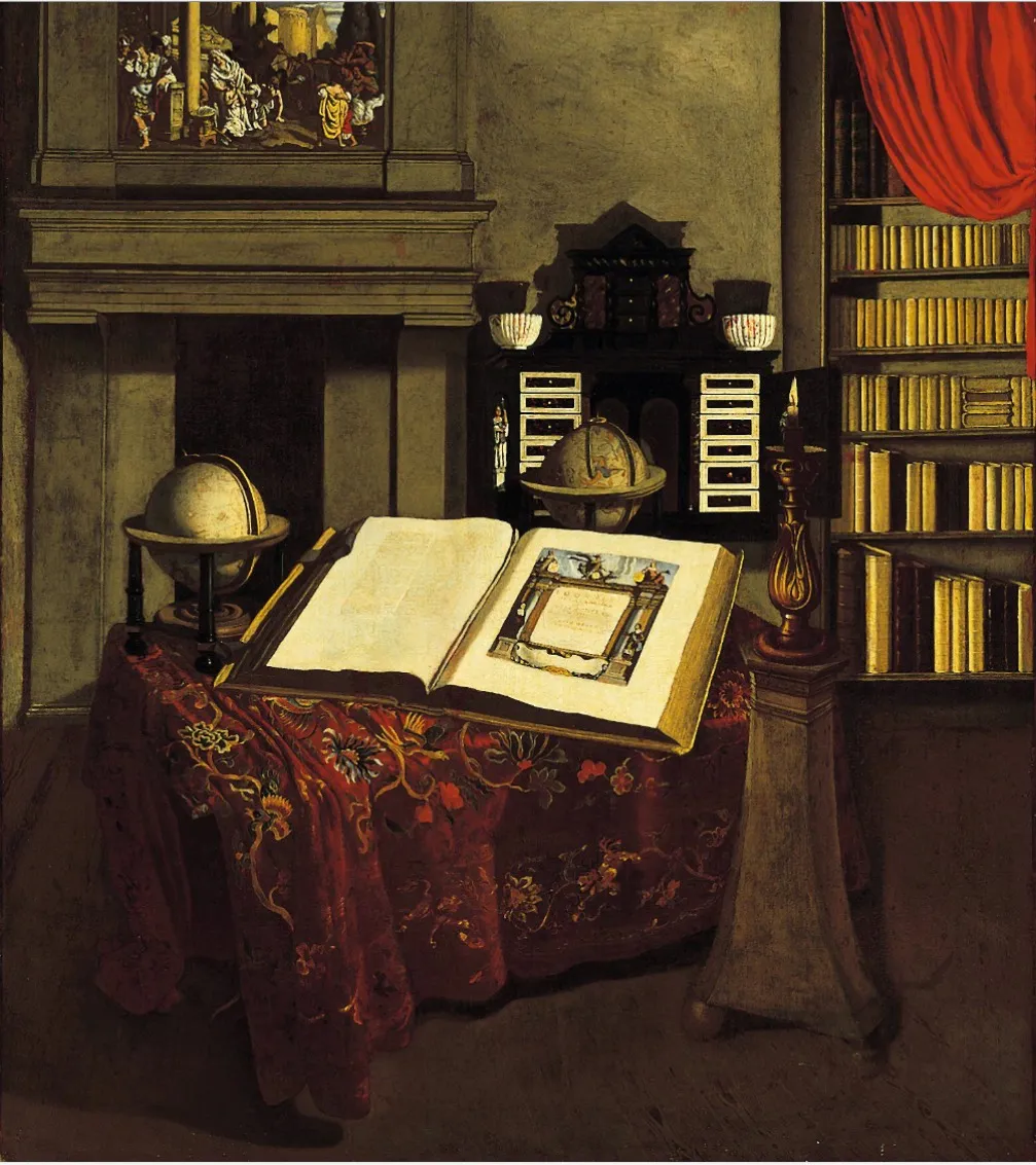 Library Interior with Still Life, by Jan van der Heyden, oil, 1712