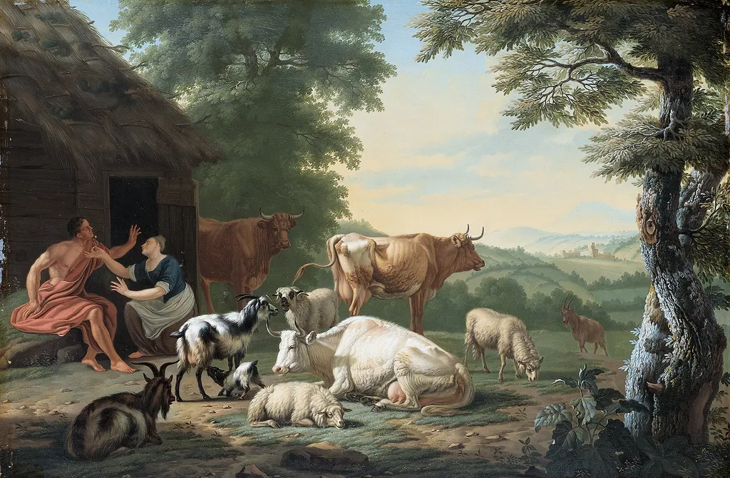 Arcadian Landscape with Shepherds and Animals, by Jan van Gool, oil, 1750