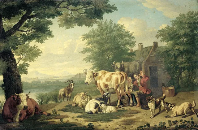 Rustic Scene with Woman Milking