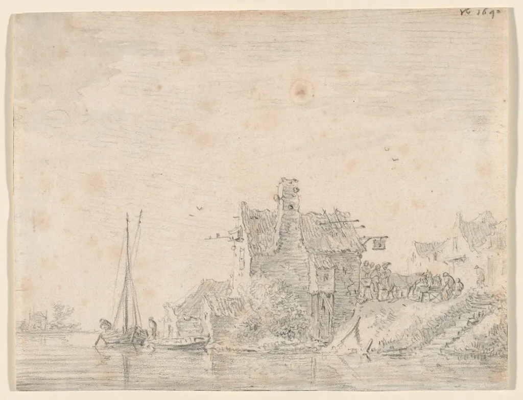 A Tavern by a River, by Jan van Goyen, chalk, 1640