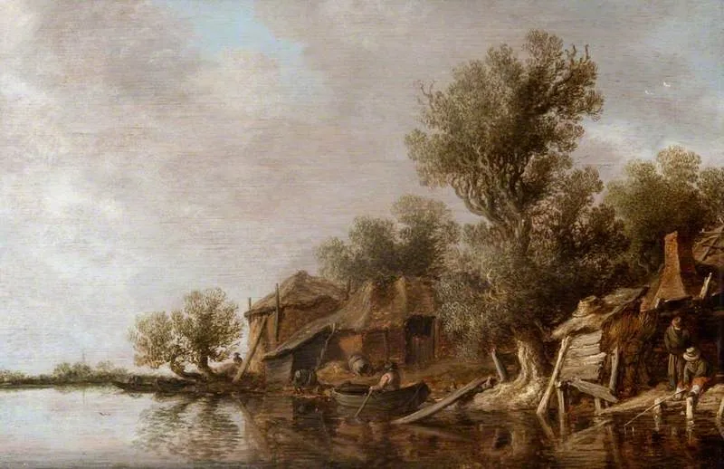 Cottages and Fishermen by a River, by Jan van Goyen, oil, 1631