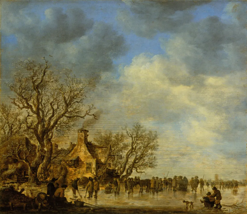 Iceskating before an Inn, by Jan van Goyen, oil, 1650