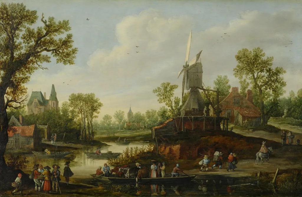 River Landscape with a Ferry, by Jan van Goyen, oil, 1625