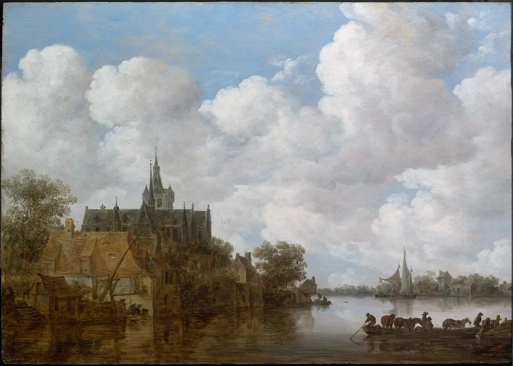 River Landscape with a Ferry and a Church, by Jan van Goyen, oil, 1656