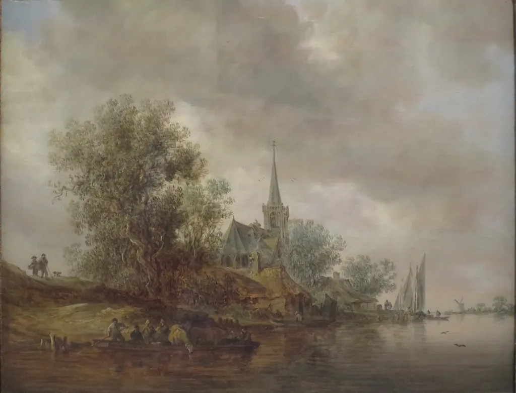 River Landscape with a Village Church, by Jan van Goyen, oil, 1642