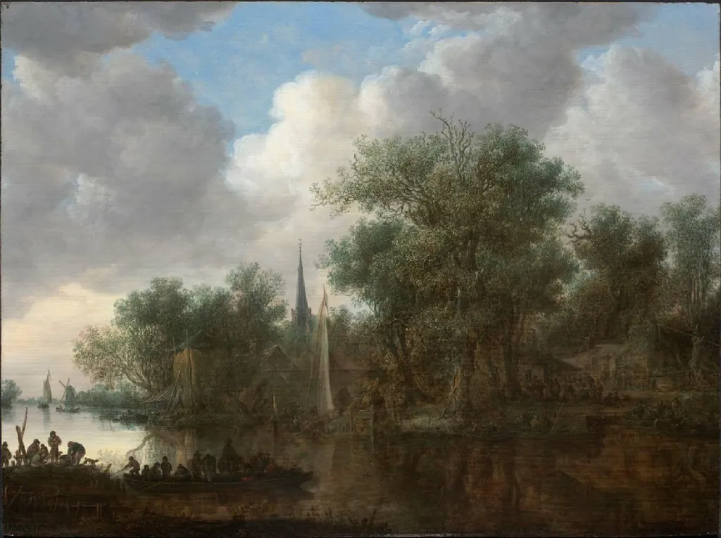 River landscape with boats and cottages on the bank, by Jan van Goyen, oil, 1648