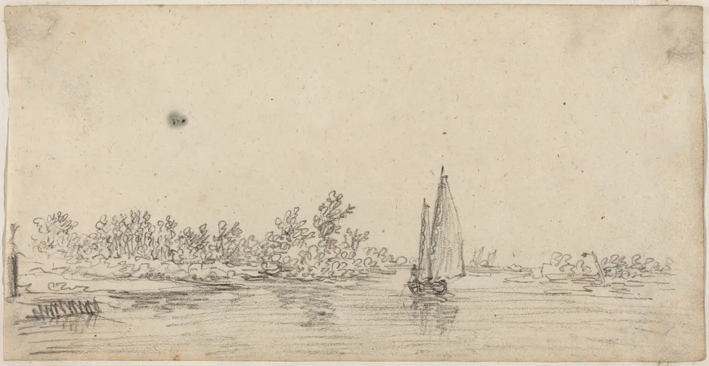 Sailboat on an Estuary, by Jan van Goyen, chalk, 1628