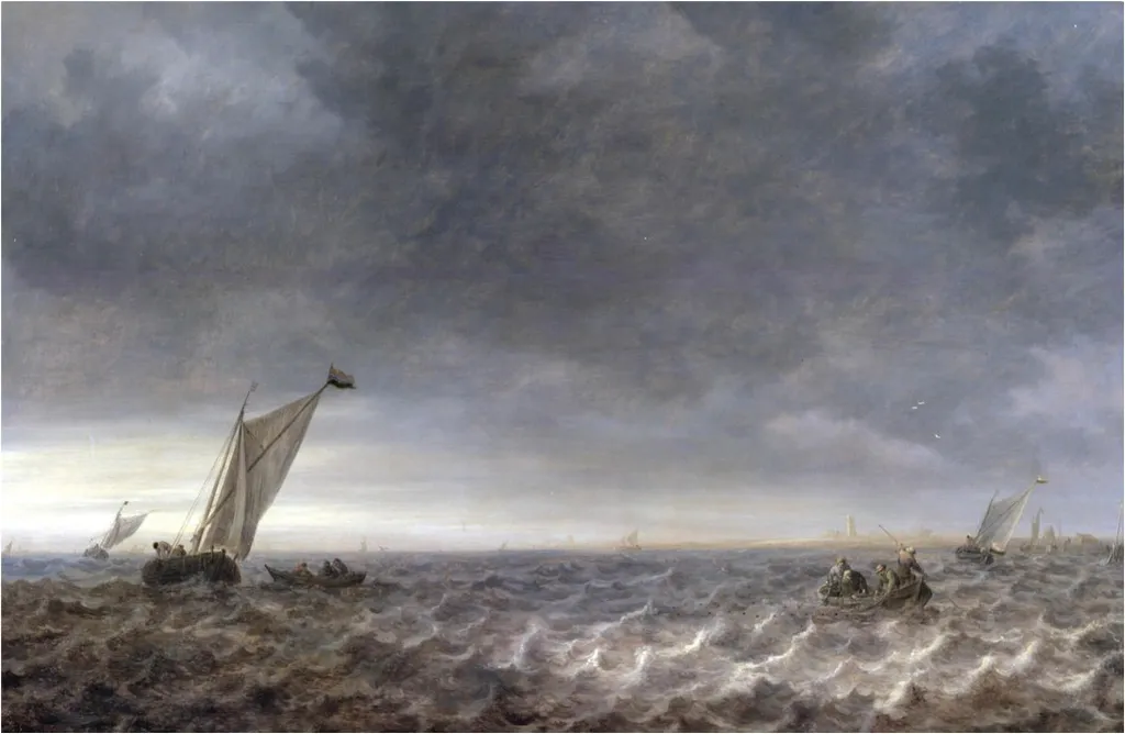 Zeil- en roeiboten in een riviermonding, by Jan van Goyen, oil, 1640