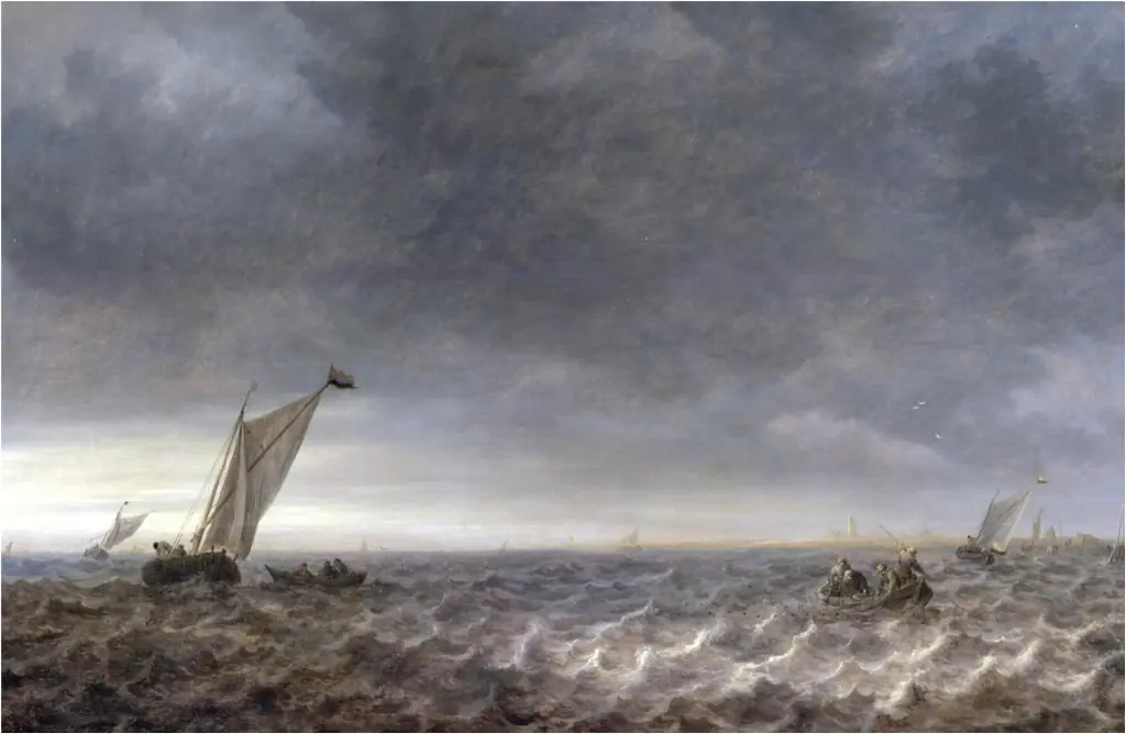 Zeil- en roeiboten in een riviermonding, by Jan van Goyen
