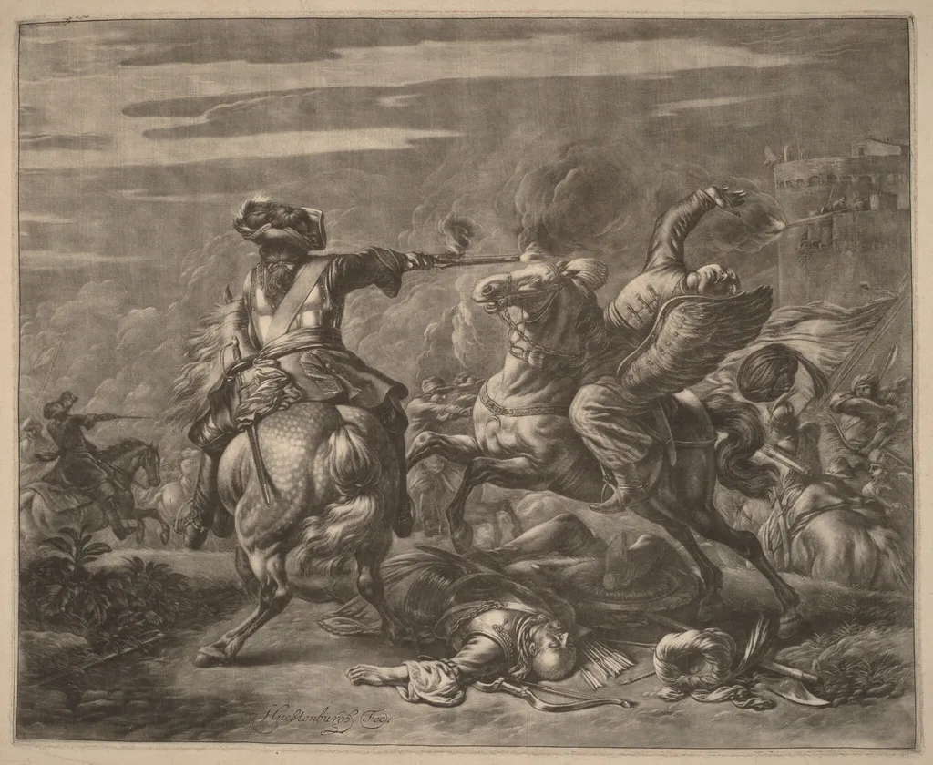 A Horseman Shooting a Turk from His Horse, by Jan van Huchtenburgh, ink, 1690