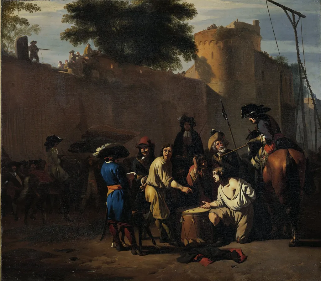 Casting the dice for life or death, by Jan van Huchtenburgh, oil, 1700