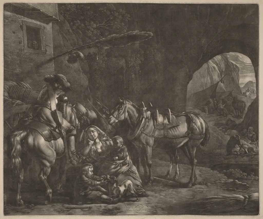 Mother with Two Children and a Horse in Front of an Inn, by Jan van Huchtenburgh, ink, 1690