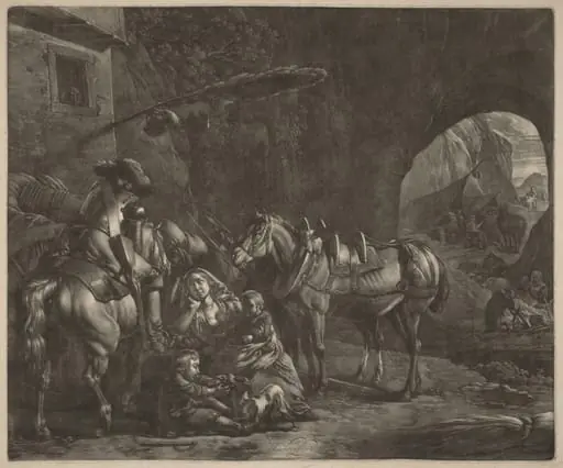 Mother with Two Children  and a Horse in Front of an Inn, by Jan van Huchtenburgh