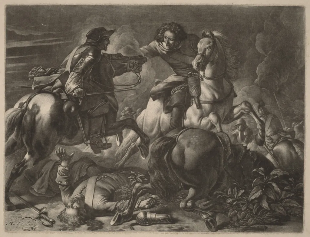 Two Fighting Horsemen, by Jan van Huchtenburgh, ink, 1690