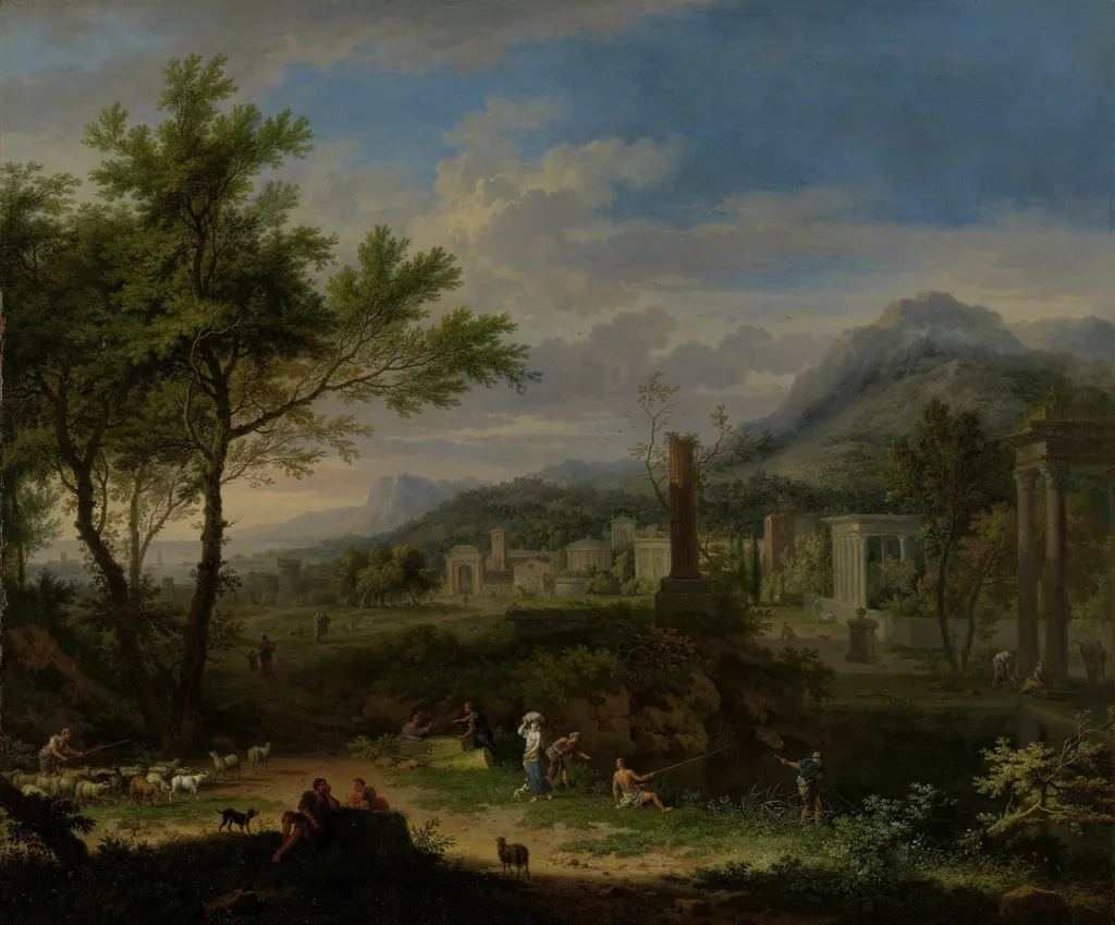Arcadian Landscape with Fishermen, by Jan van Huysum, oil, 1724