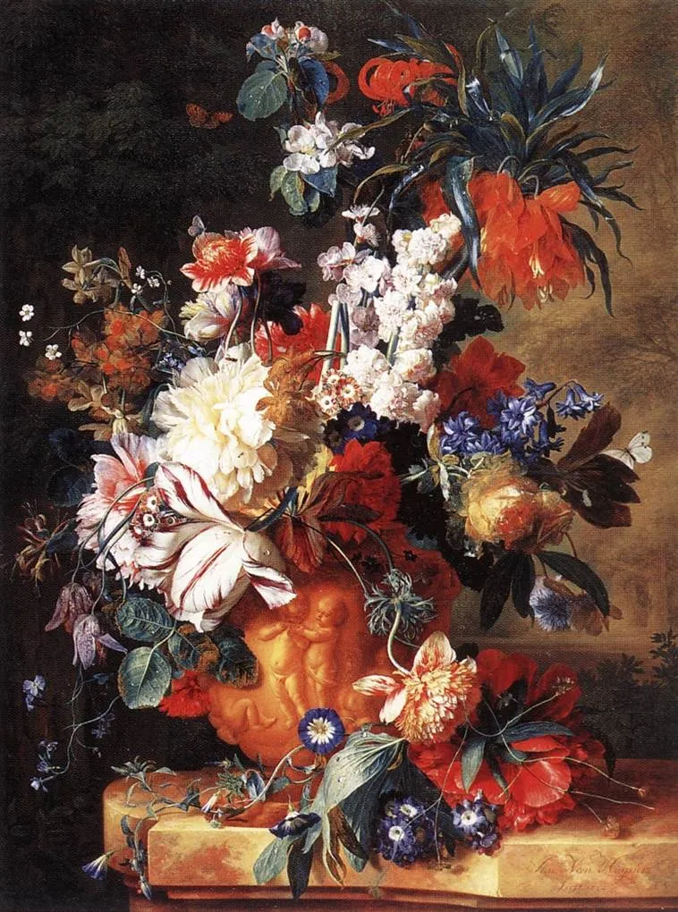 Bouquet of Flowers in an Urn, by Jan van Huysum, oil, 1724