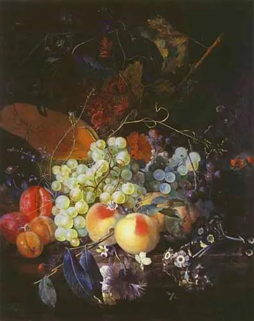 Fruit and Flowers on a Marble Table, by Jan van Huysum, oil, 1718