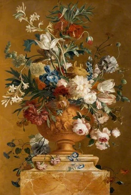 Still Life: Flowers in a Terracotta Urn, by Jan van Huysum, oil, 1727