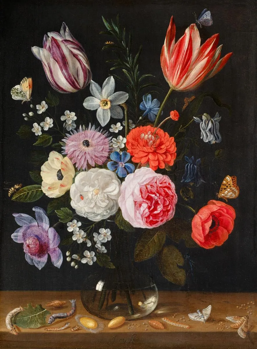 Blumen in Glasvase mit Entwicklung der Seidenraupe, by Jan van Kessel the Elder, oil, 1660