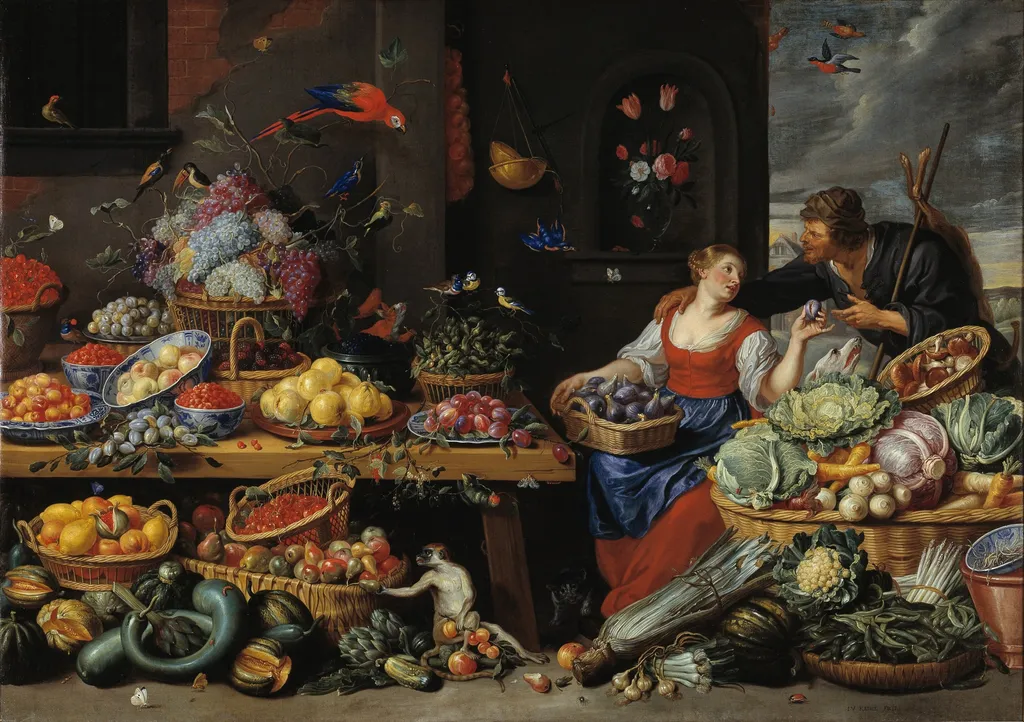 Fruit and Vegetable Market with a Young Fruit Seller, by Jan van Kessel the Elder, oil, 1655