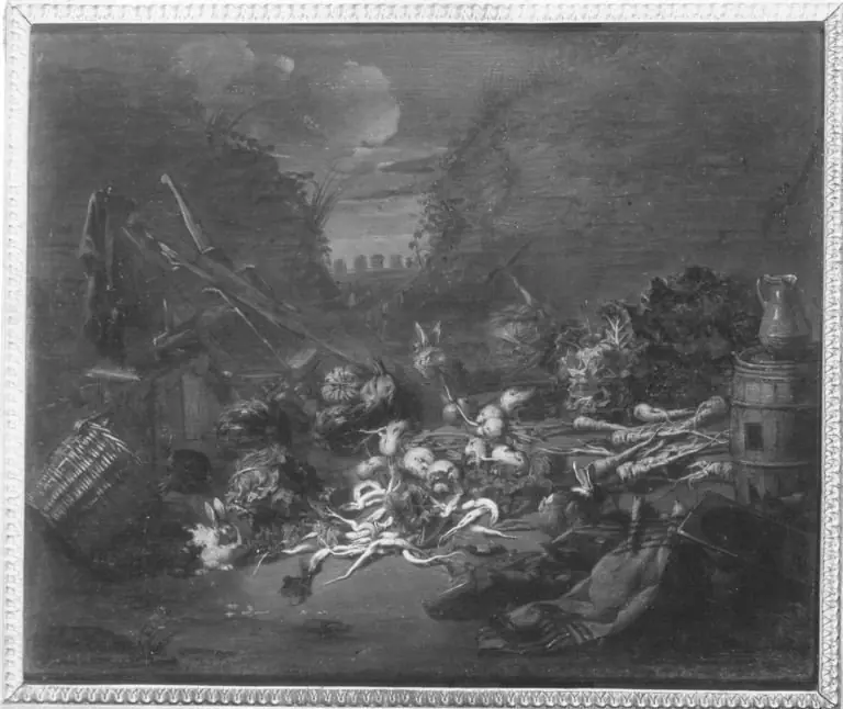 Gemüsestillleben und Küchengerät in offener Landschaft, by Jan van Kessel the Elder