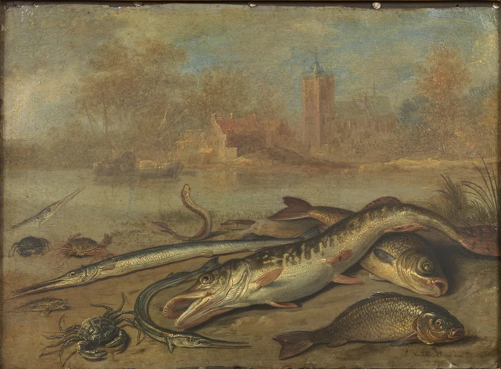 Pescados y paisaje, by Jan van Kessel the Elder, oil, 1656