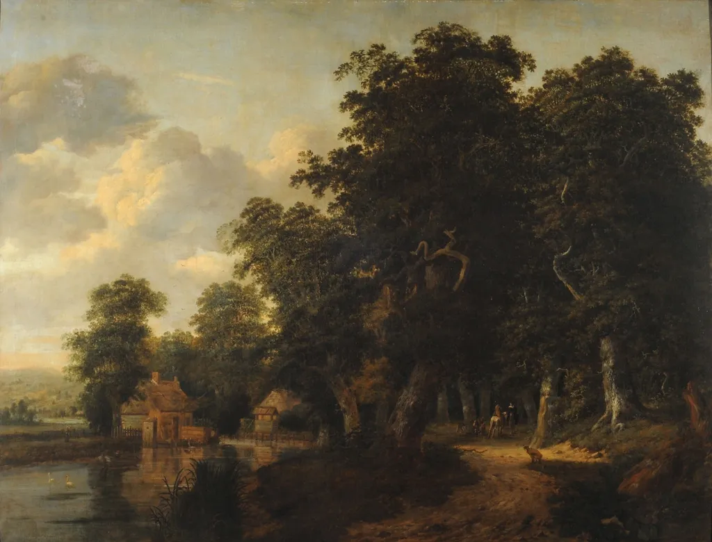 Wooded landscape with river and characters, by Jan van Kessel the Elder, oil, 1700