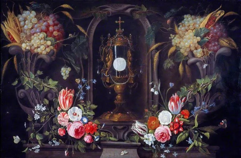 Still Life of Flowers and Grapes encircling a Monstrance in a Niche, by Jan van Kessel the Younger, oil, 1670