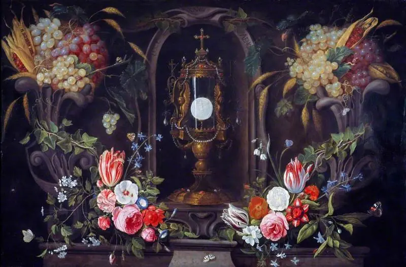 Still Life of Flowers and Grapes encircling a Monstrance in a Niche, by Jan van Kessel the Younger, 1670